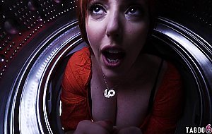 Stepsister and stepson find mom being stuck in the dryer and play a game