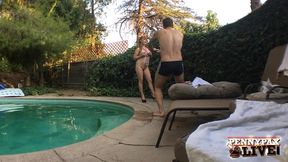 penny pax lifts her micro plaid skirt exposing her pussy by the pool!