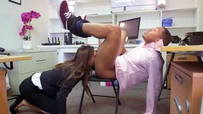 Black employee lifts legs so the manager can deal with his XXX pencil