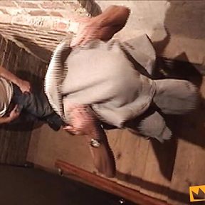 Lucky guy gets his big dick blowed by a horny man on the stairs of the bar