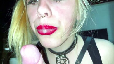 Gothic blonde in plaid harness dominates with deep throat and pissing face fuck