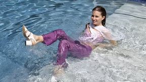 Wetlook in Lavender: Zura’s Silky Purple Pants & Tank Dive - Underwater in Pool! (4K)
