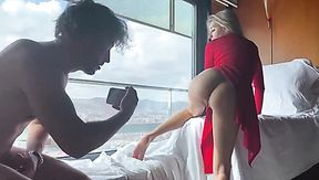 Sexy Tall Blonde MILF In a Red Dress Lets a Stranger Film How He Fucks Her By the Window