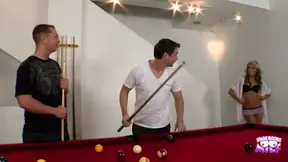 Two guys pound skinniest blonde bitch's biggest tits and eat her pussy