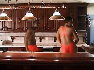 Black hottie with a nice-looking butt screws 2 boys in the kitchen