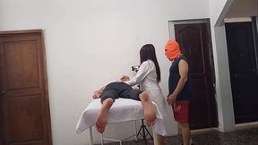 The masseuse is giving a massage to her client and then her boyfriend arrives to fuck her at work during customer service.