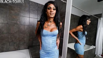 Ebony Tgirl Shar Daysha Strips and Jerks Her Cock in Blue