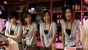 Raunchy Threesome Frenzy with Submissive Young Asians in Sleazy Nightclub
