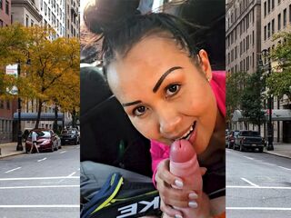 Public POV blowjob in a car by horny and busty Asian MILF slut