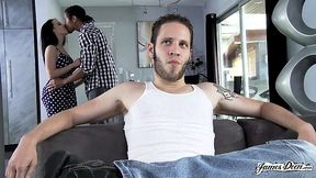 Brunette MILF fucks with stepson's best friend right on the coach