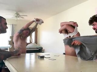 Wanna play disrobe poker? Our allies lose, and we end up swapping partners!