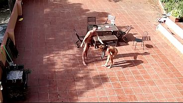 Couple Playing and Fucking in the Courtyard, outside