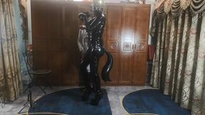 Training a latex ponygirl slave ponytail in horseshoe boots and by horse tack and reins #Latex011