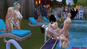 Beautiful Wives Bulma & Chichi Share Stepsons for Hot Pool Orgy Anal Action