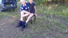 Stepmom in a public park jerks off my dick until I cum