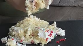 Christmas cake crushing with feet