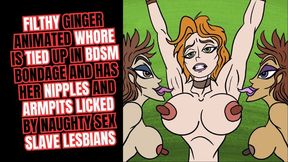 Filthy ginger animated whore with huge boobs is tied up in BDSM bondage and has her nipples and armpits licked by naughty sex slave lesbians