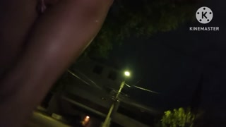 Sissy goes for an outdoors walk with a thrusting dildo inside her ass