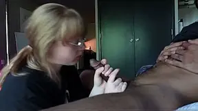 Submissive GF gives sloppy handjob and worship to BBC's thick black dick