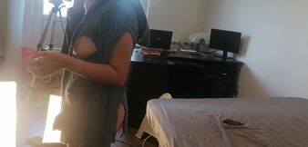 Amateur wife has fun trying on clothes and cutting them. Amateur wife vacuuming naked in the house.