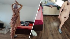 Amateur wife dancing naked at home. Amateur woman has fun trying on clothes and cutting them.