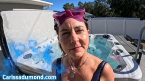 Carissa in the purple neoprene bathing suit in the hot tub with mask