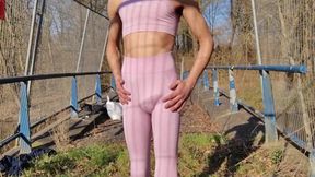 Bulging gymshark leggings stretch to breaking point femboy teases massive cock outdoors