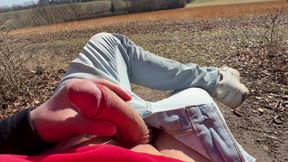 Jacking hard beautiful dick with view and cumming in the sun