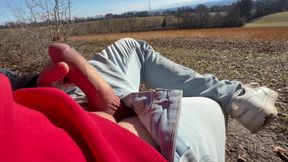 Jacking hard beautiful dick with view and cumming in the sun