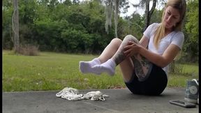 Taking a Break Outside, Catherine Sterling Slips off Sneakers for Socked Self Bondage Hogtie! WMV version