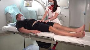 Horny brunette nurse in red stockings takes care of a well-endowed patient
