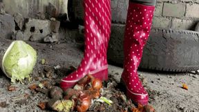 Jeannette destroys vegetables in red rubber bootsWMV