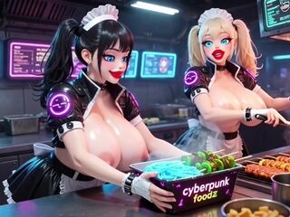 2 Cute Hotties Working at Cyberpunk Corner, Ai Animation