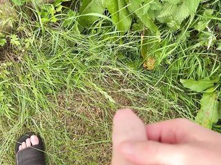 Bushy penis peeing in nature