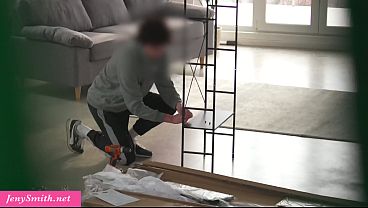 The hot MILF Jeny Smith invited a handyman over to her place to assemble some furniture, and decided to masturbate in front of him and get on all fours for him