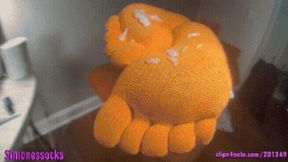 orange toe socks & Gripped up Biker shorts ( Sockjob , Footjob - segment ) sticky socks cum