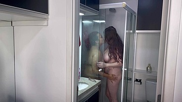 BBW Ebony and Blonde girlfriend taking a shower voyeur