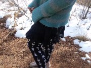 Transgirl pissing in public on a snowy trail