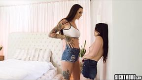 Tiny nymph Lulu Chu gangbangs burly lesbian flatmate Rocky Emerson in scorching lesbian tryst