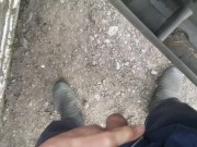 Lad taking a piss in gumboots pov