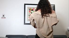 Jules tries a beige button-down shirt  with a sexy mini skirt cutie!!!