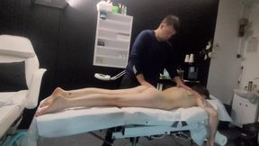 the masseur rubs oils into the body of his sexy wife he decided to fuck her pussy, then she started pegging his ass till cumshot