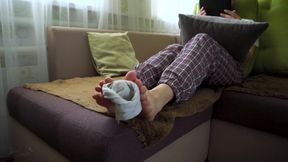 Japanese In Worn White Socks Showing Off Her Bare Soles