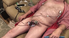 Hands-free sperm with estim attached to balls, pecker and nipples.