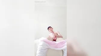 Cute femboy bunny plays with cock and cums