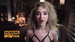 POV - Three horny stunners fuck in a dorm room