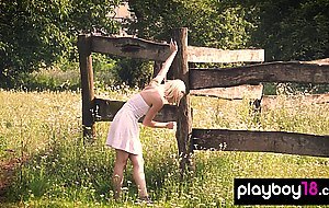 Tiny titted Hungarian blondie stripping Zazie Skymm by the pens outdoor