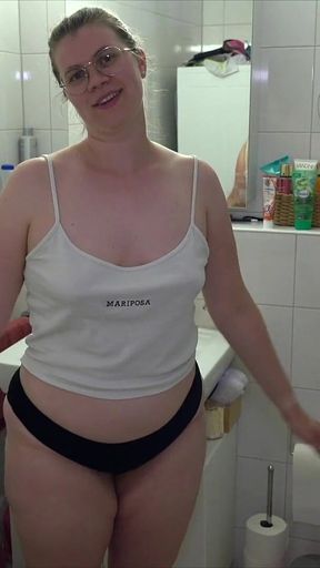 Family Quickie in the Bathroom, Stepbrother Also Wants to Fuck Her and Cum All Over Her Tits.