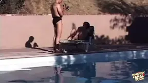Poolside foursome with sloppy messy facial finish