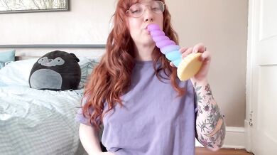 Redhead bounces unicorn dildo until floor SOAKS with hot squirt